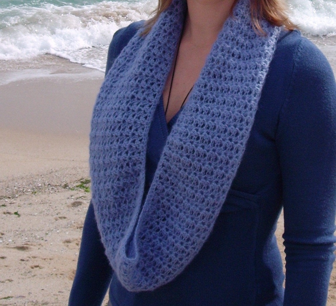 PDF PATTERN step-by-step TUTORIAL Crocheted lacy blue infinity scarf, handmade lacy snood, crochet loop scarf, crochet circle scarf