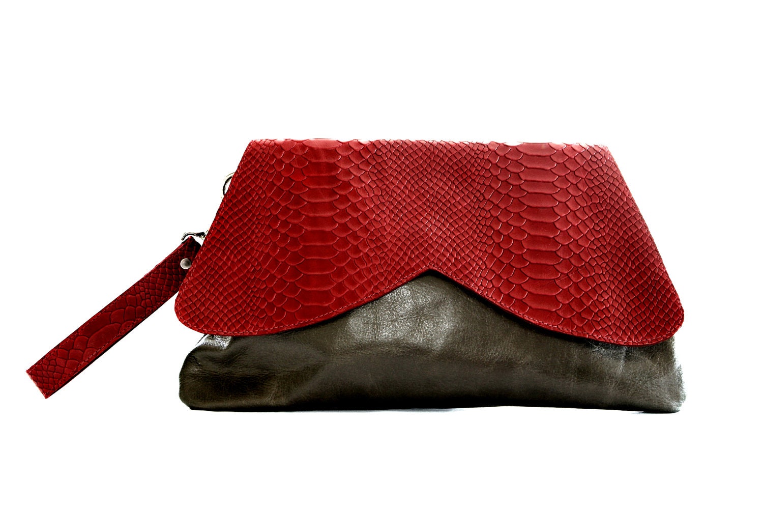 Women leather clutch, purse,wristlet, wallet, red & grey color - KishaDesigns