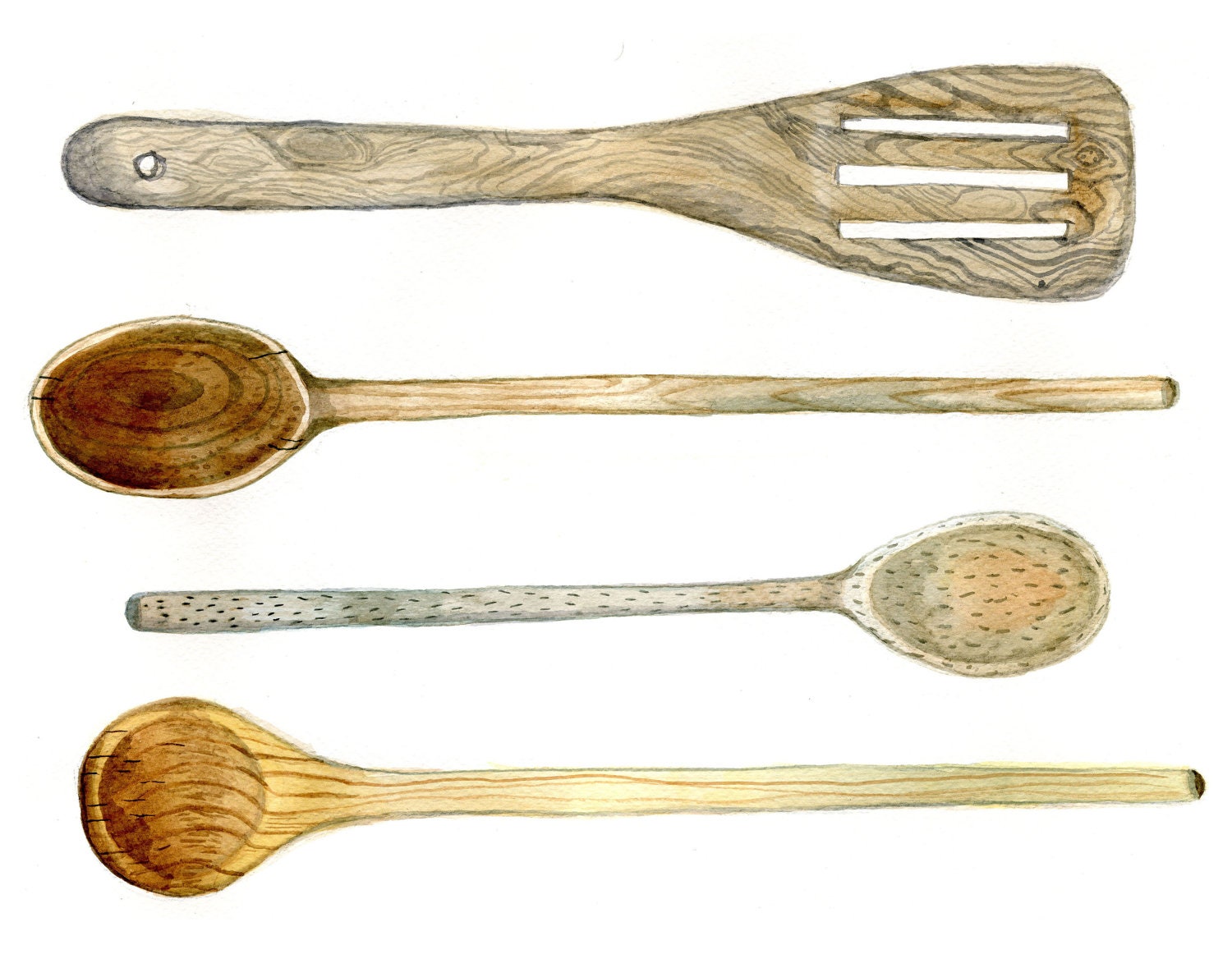 Wooden Kitchen Spoon Painting - Large Watercolor Kitchen Art Print - 11x14