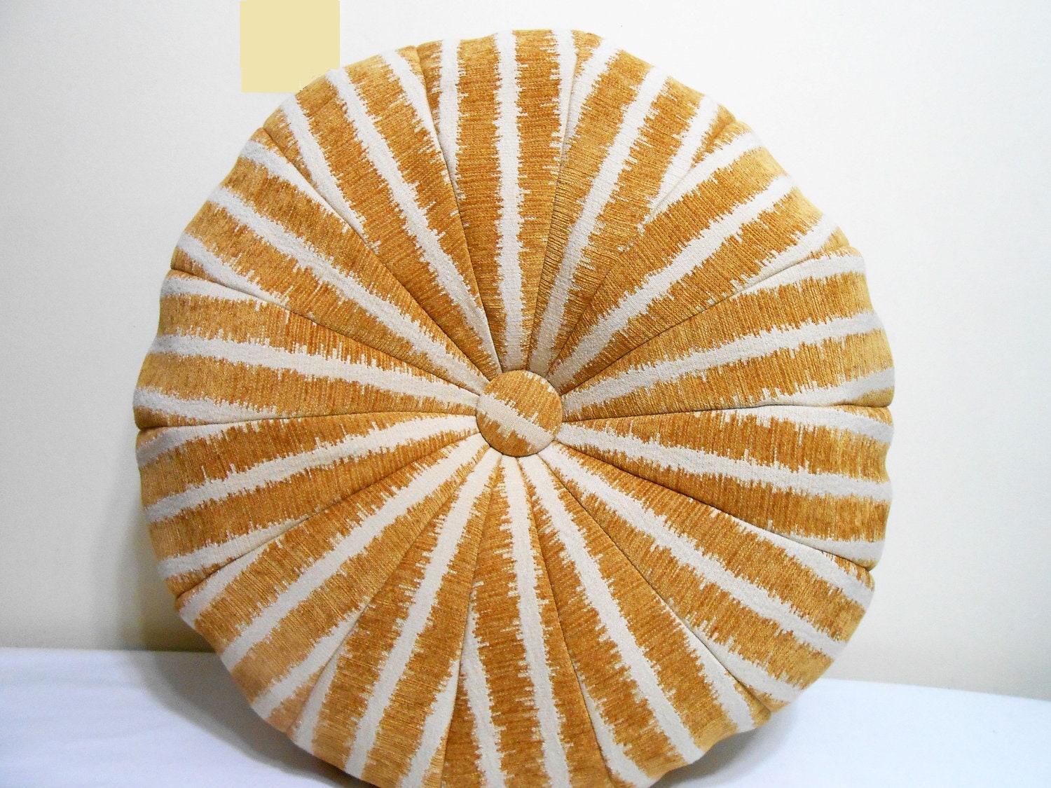 Ikat pattern Pouf Ottoman- Camel and Cream Colors Stripes - Chenille fabric -  floor pillow - 24 x 11 inch -