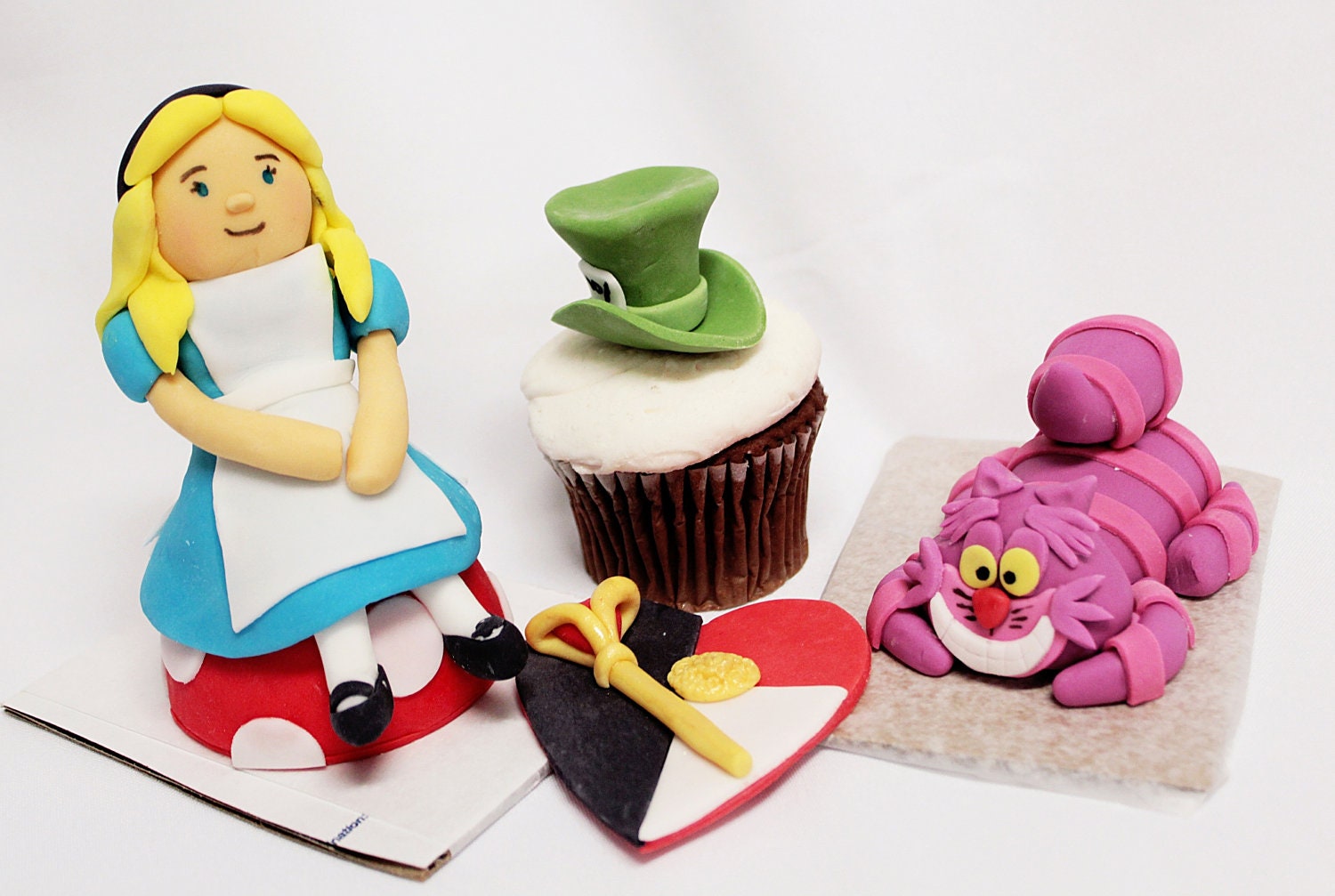 Cake Toppers for an Alice in Wonderland, Tea Party -Alice on mushroom top, Queen of Hearts heart, Mad Hatter Hat, Chesire Cat