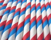 25 Red Blue and White Striped Paper Straws with Party Flags - Cake Accessory Lollipop Sticks - Birthday Holiday Party Supplies Il_170x135