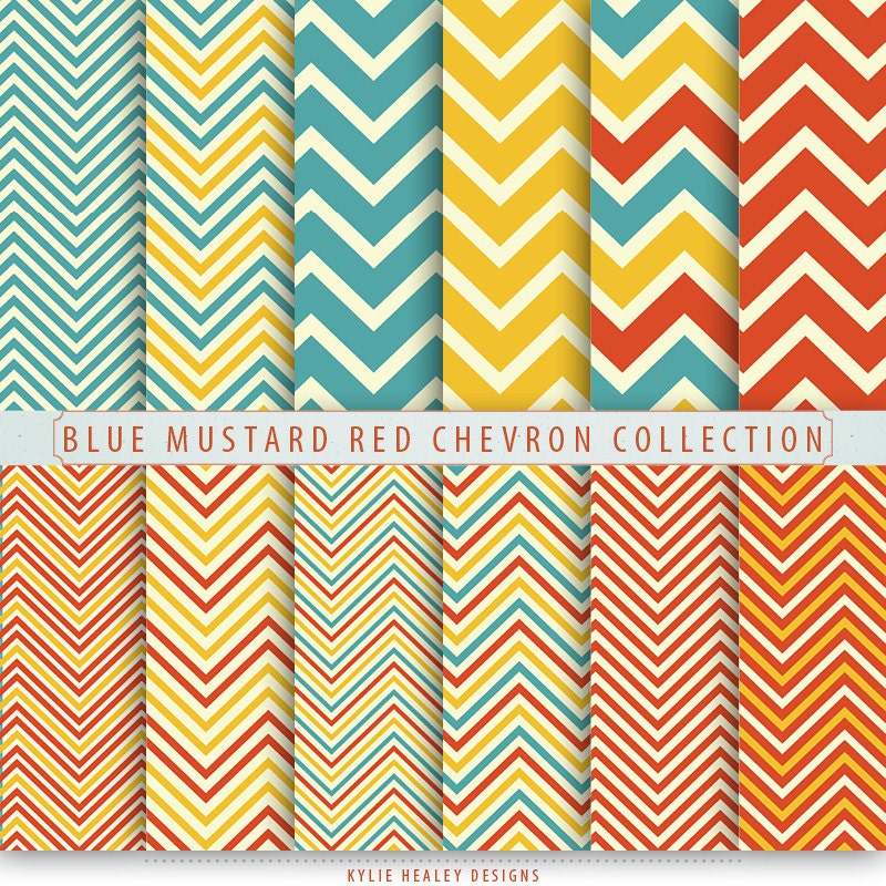 Chevron Digital Paper - Antique Blue Mustard Red  - 12 Sheets - INSTANT DOWNLOAD - Commercial and Personal 