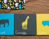 Safari Animals, 'Zoology in Lagoon', 12x12 Acrylic on Canvas, Giraffe/Elephant/Hippo in charcoal, aqua, and yellow.  Reserved for Kathleen.