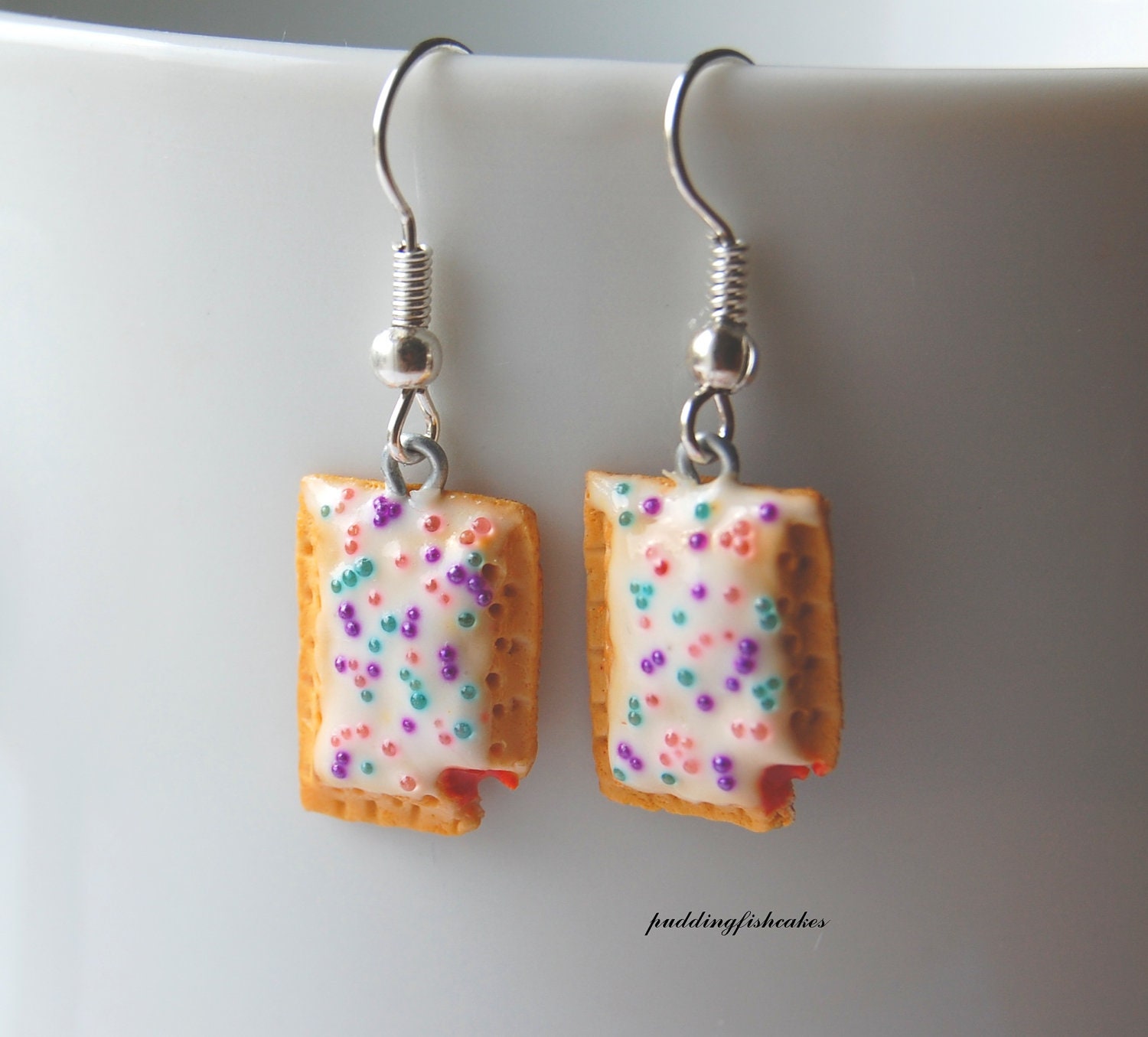 Strawberry Poptart Dangle Earrings, Purple Blue Pink Sprinkled, Silver Plated, Polymer Clay