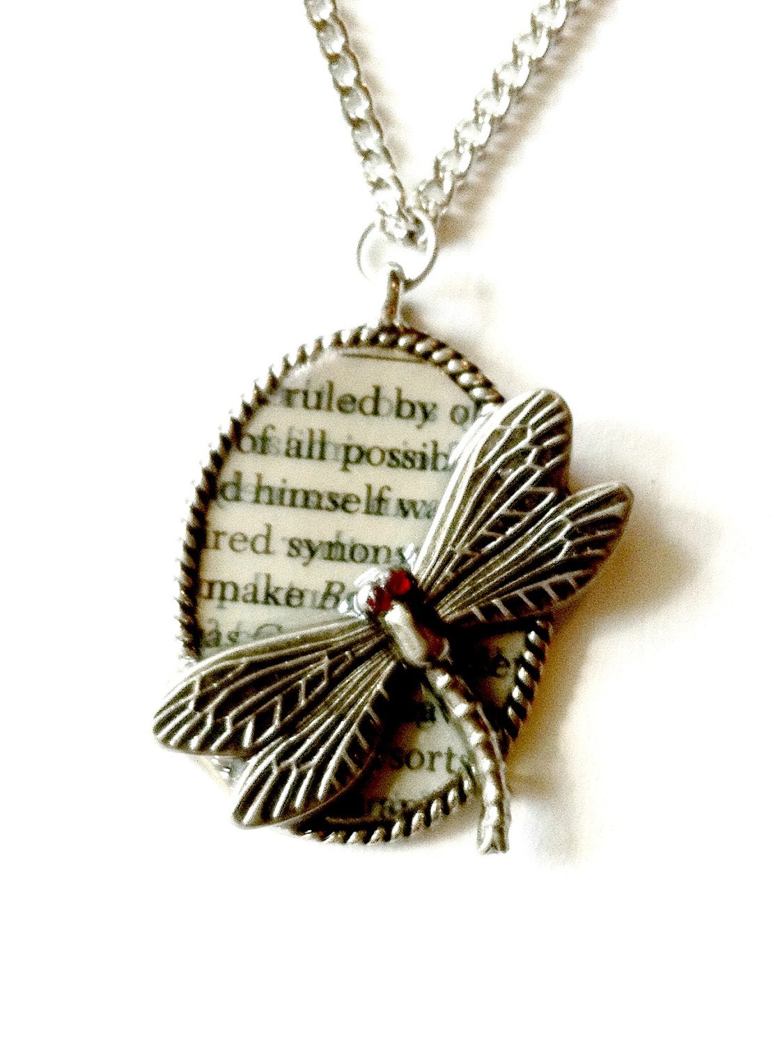 Dragonfly necklace silver ruby eyes  Handmade Graduation Gift Free US Shipping