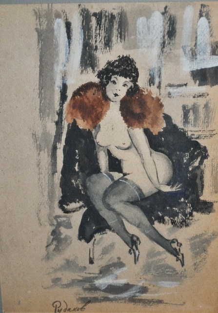 Vintage Watercolor Painting 1920's Nude Deco Flapper Painting Rudakov, Konstantin Ivanovitch Listed Artist Painting