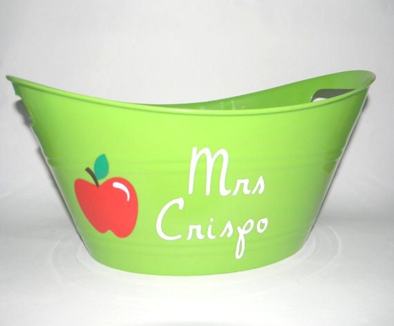 Decorative Green Plastic Tub Bucket with Apple for Students School Teachers Gift Basket. Great Storage for Supplies.