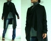Women Long Slouchy Wrap Cardigan - Cowl Neck Oversized Cardigan Sweater - in black with asymmetrical lagenlook