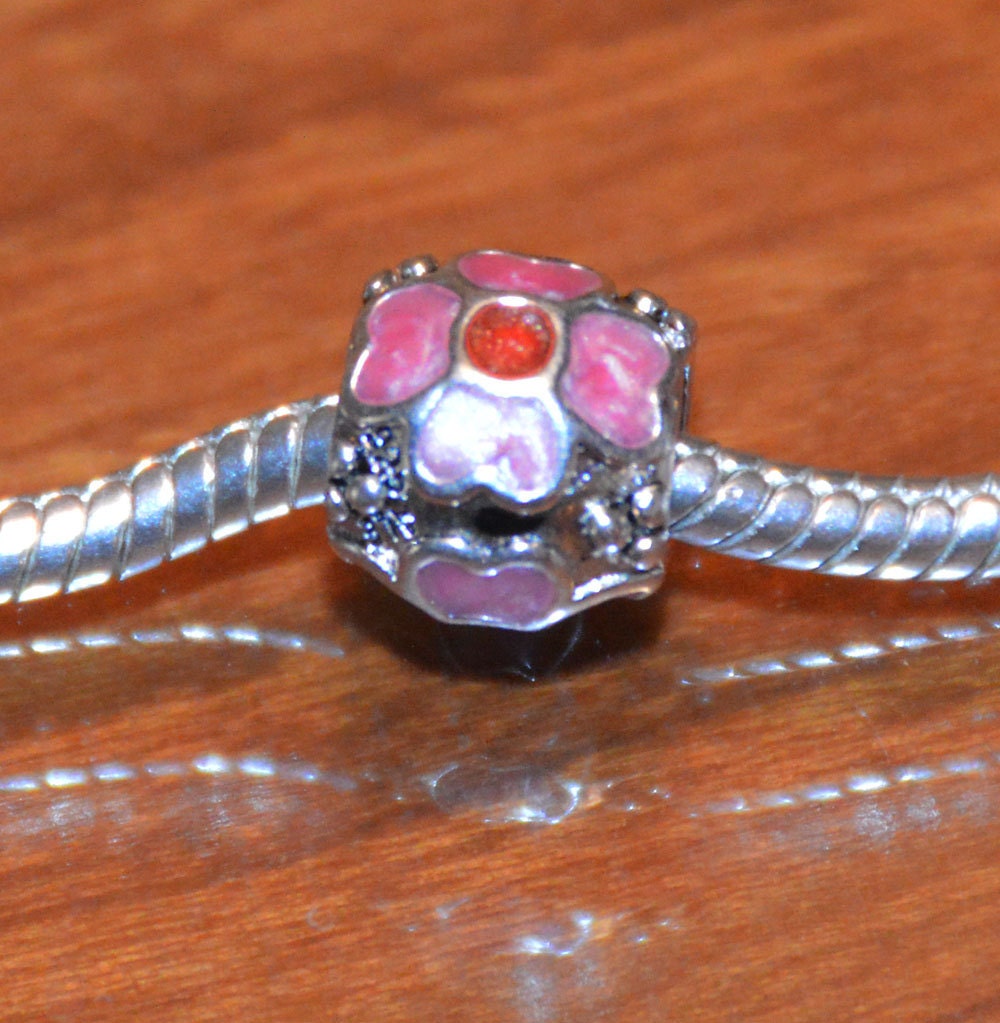 Sterling Silver and Pink Enamel Flower Bead for European Style Bracelets .925