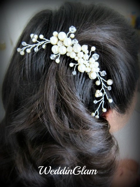 Bridal Hair Comb, Wedding Hair Accessories, Swarovski pearls crystals, Rhinestones, Hand-wired, Ivory Elegant Headpiece, White flower comb