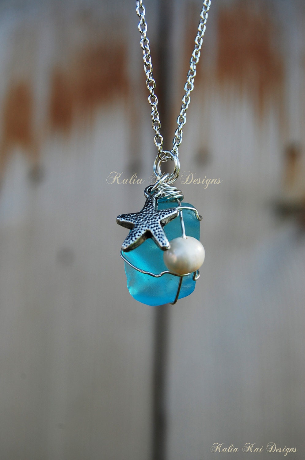 Sea glass pendant necklace, wire wrapped sea glass, starfish charm, silver plated, freshwater pearl, wedding gifts