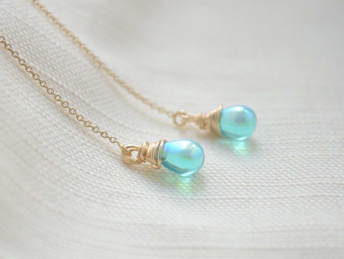 Caribbean Blue Drops on 14kt Gold Filled Ear Thread Earrings