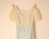 Vintage. 50's. Pale Glacial Ice Blue. Lingerie. Nightgown. Sheer Floral Bodice. Maxi. Lace. Puffy Sleeves. Long. Romantic. Small. S.
