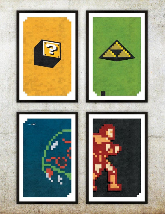 Retro NES Series 1 Poster Set: Mario, Zelda, Metroid & Castlevania inspired prints 11X17"