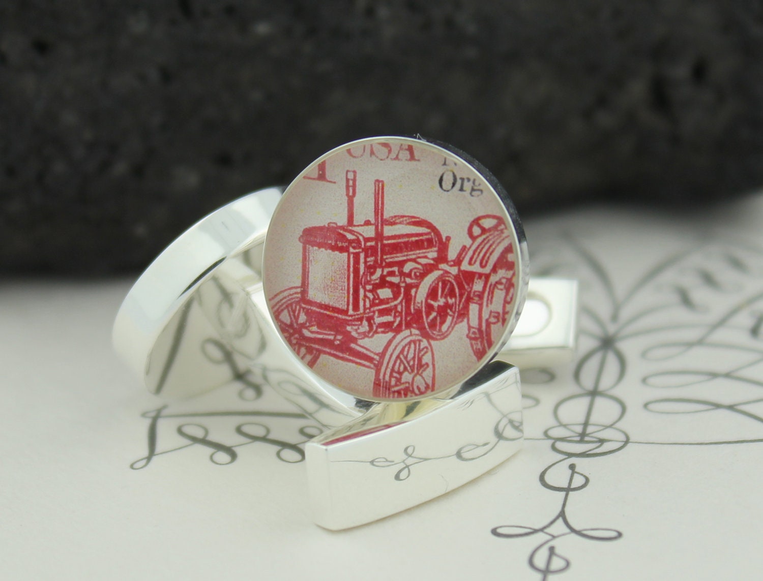 Handmade Men's Cufflinks - Genuine Vintage US Stamp Cufflinks (Cuff Links) - John Deere Tractor 1920s - Tractor Cufflinks