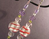 CUTE KAWAII , ADORABLE Earrings with a big silver- striped Artisan Glass center bead.