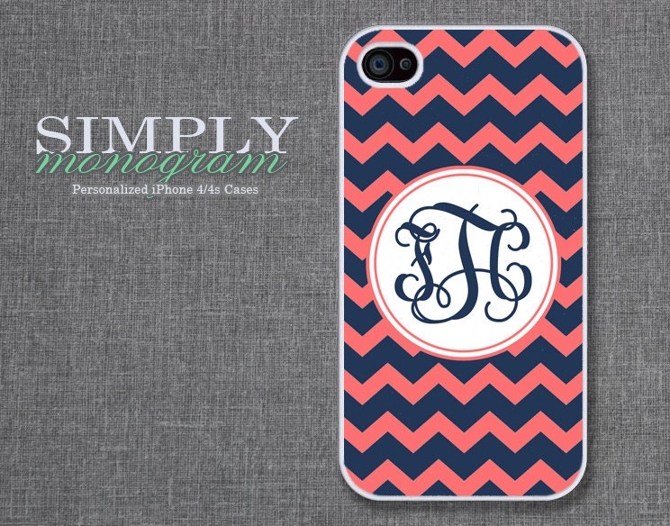 iphone 4 case - iphone 4s case - plastic or silicone rubber - navy blue coral chevron monogram