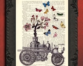 Steampunk steam engine floral blossom french dictionary page upcycled book dictionary print wall art