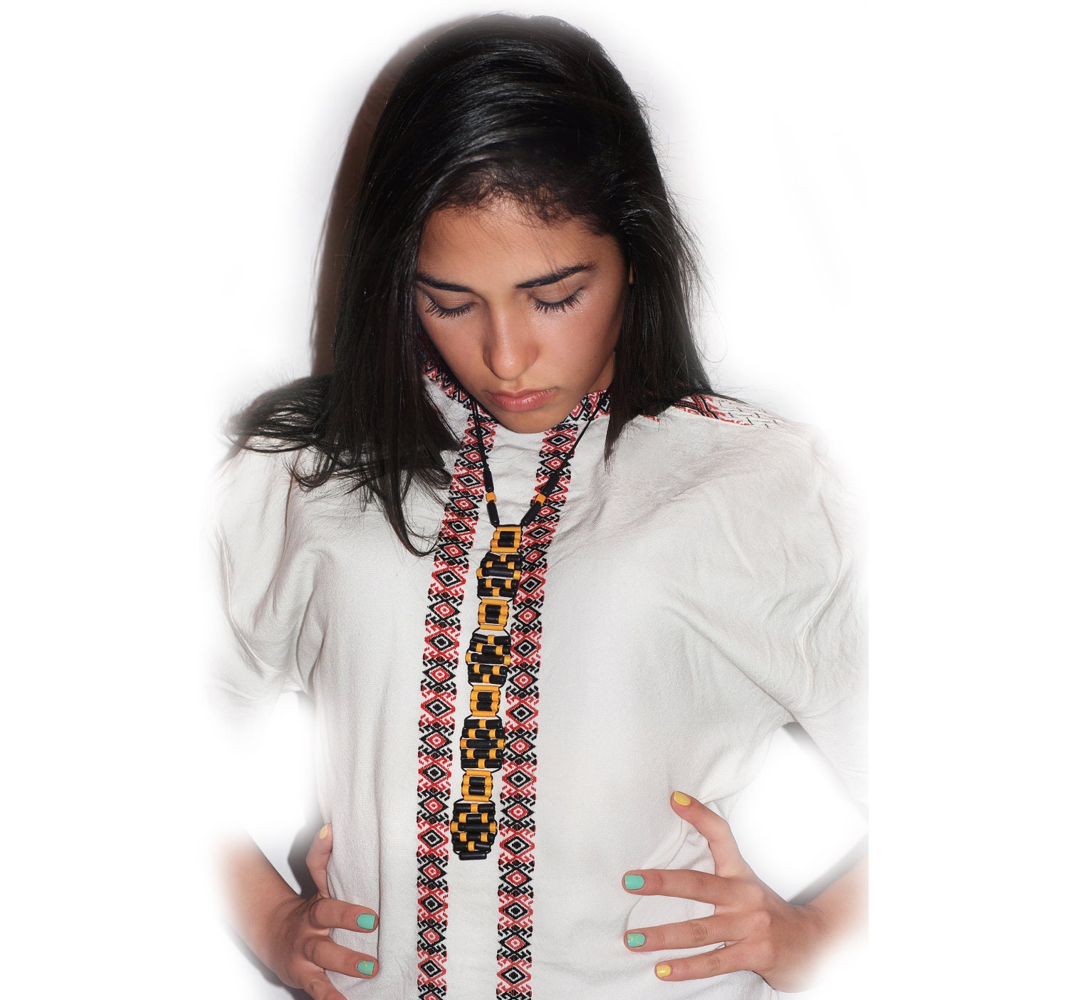 Tribal Necklace - Necktie . Ceramic handbeaded jewelry, gypsy, aztec, indian style. eco-friendly, black and yellow, geometry accessory