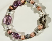 9" Crystal and Natural Stone Bracelet, 8mm Faceted Crystal, Natural Stone Beads and Silver Tone Spacers and Toggle Clasp