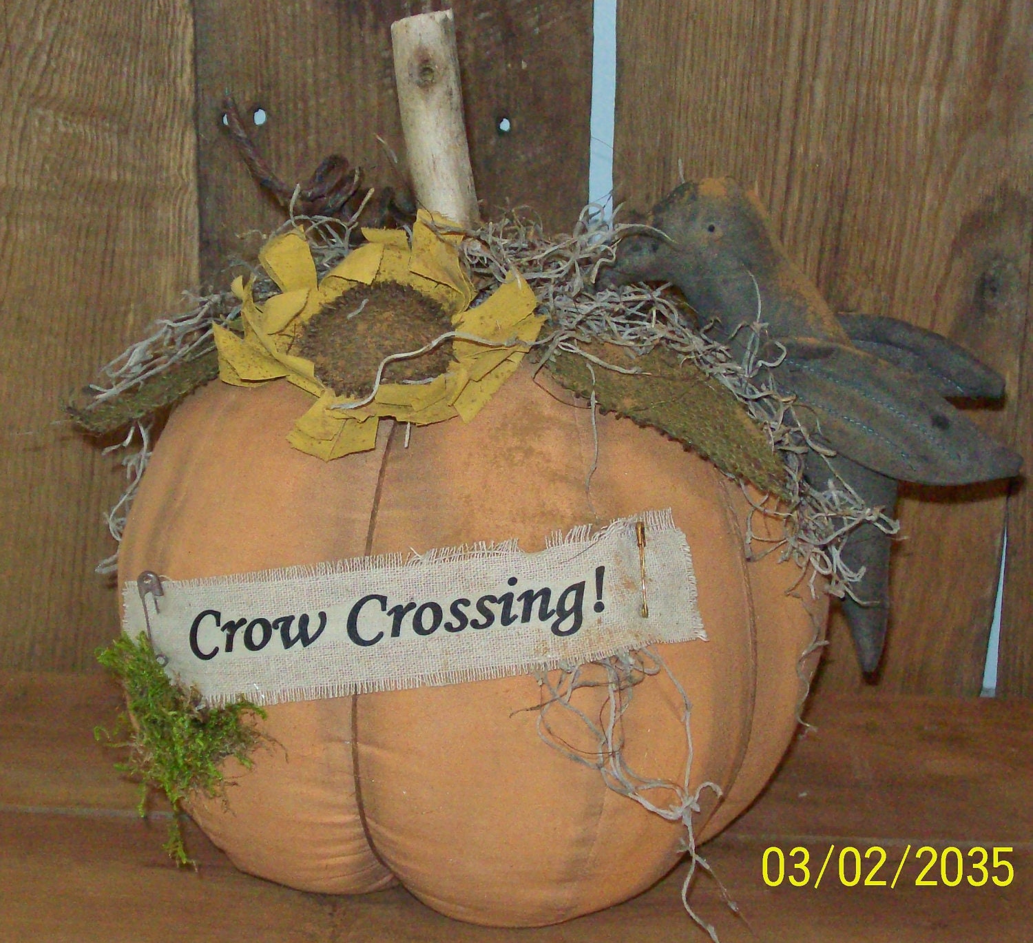 Primitive Large orange Pumpkin with Banner, "Crow Crossing" for Fall / Halloween