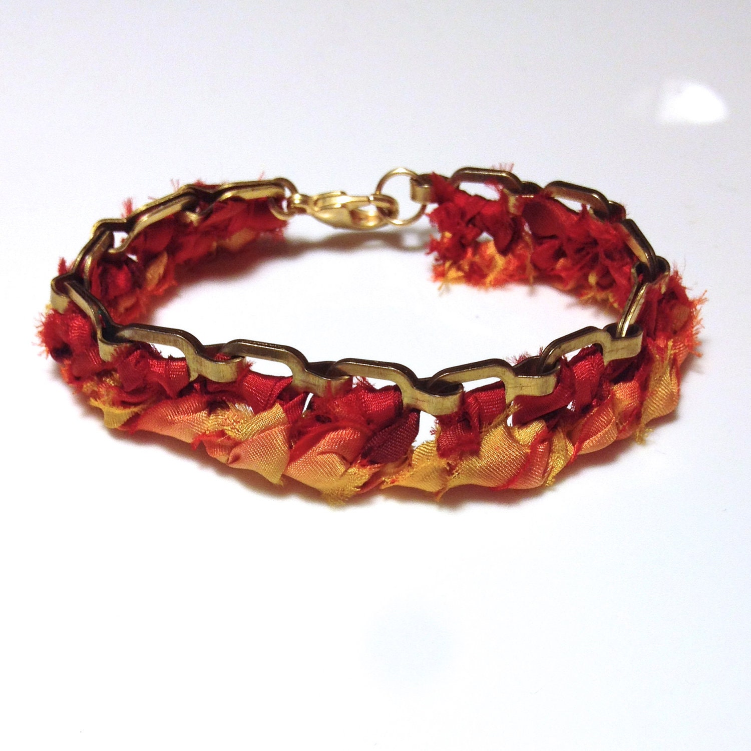Crimson & gold (red / yellow) silk and chain link bracelet -- Gold-tone chain and woven/braided silk -- Chi Omega or Alpha Gamma Delta