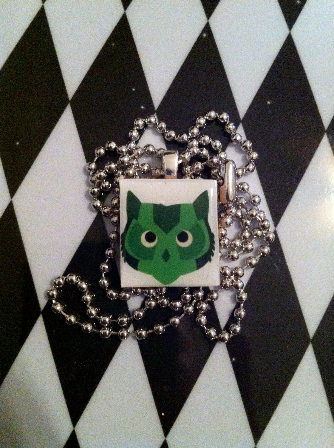 Green Owl Scrabble Tile Pendant Necklace