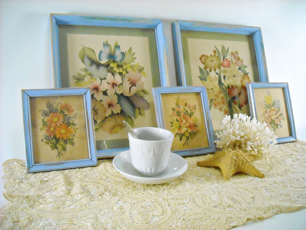 Vintage Frame Collection Floral Pictures 1940s Cottage Shabby Chic Blue Gallery Wall