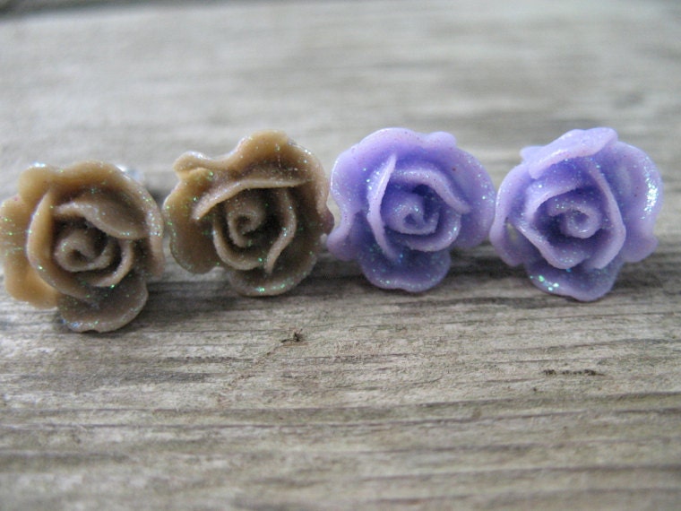 Purple Rose Earrings, Titanium Posts, Hypoallergenic, Glitter