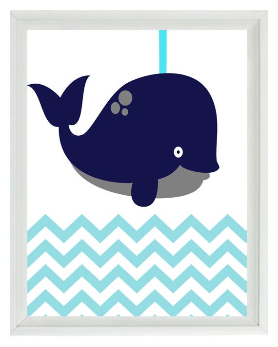 Whale Chevron Wall Art Print  - Navy Blue Aqua- Nautical Nursery Children Room Home Decor (3) 8x10 Prints
