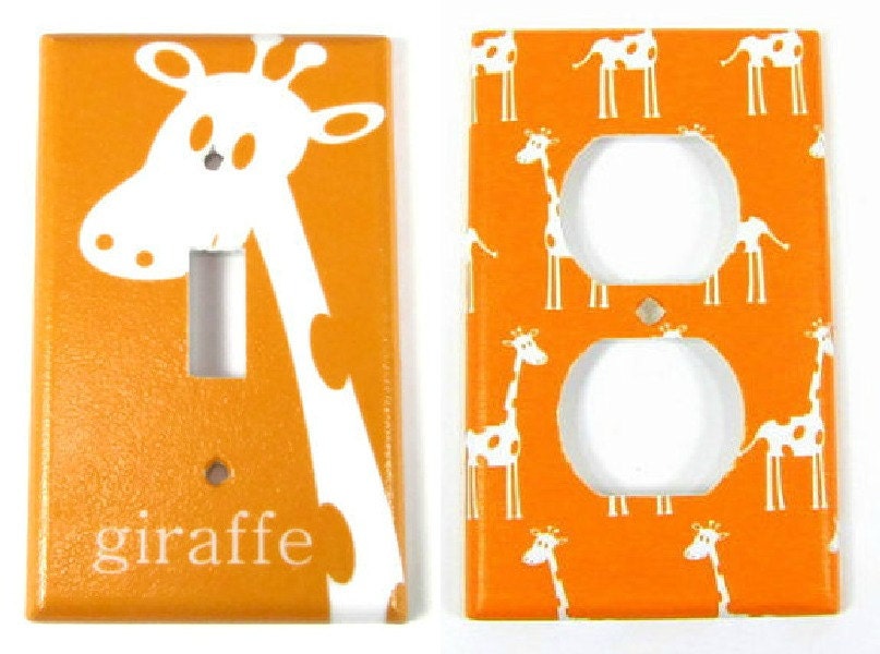 Giraffe Light Switch Plate And Outlet Set in Orange - Personalized Custom Modern Animal Safari Nursery, Jungle Nursery, Child Decor - twowhiteowls