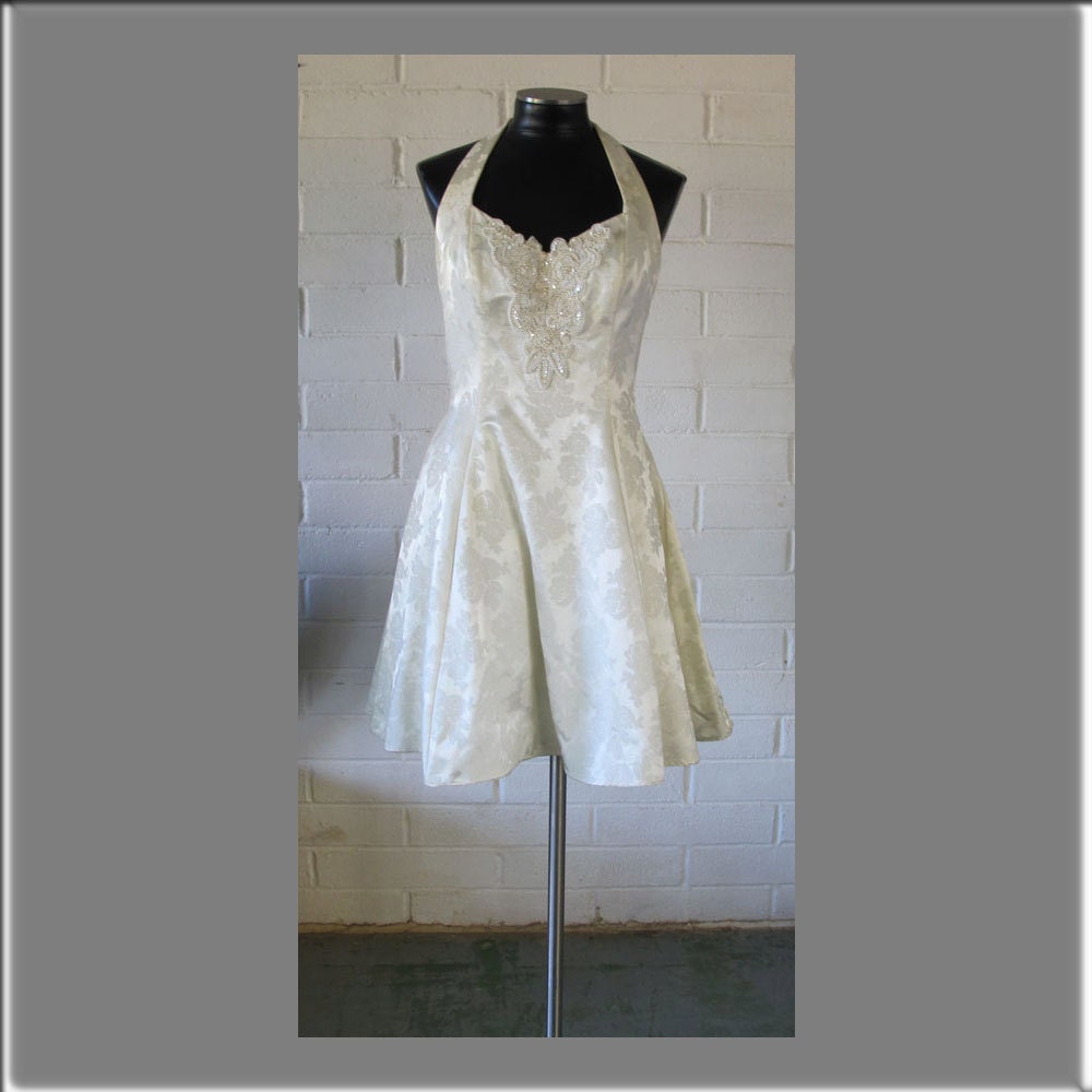 REDUCED Off White Satin Wedding Mini-Dress with Beaded Halter Bodice