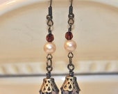 Pearl & Bronze Victorian Dangle Earring - Mother's Day, pearl bead, bridal, wedding, wire wrapped