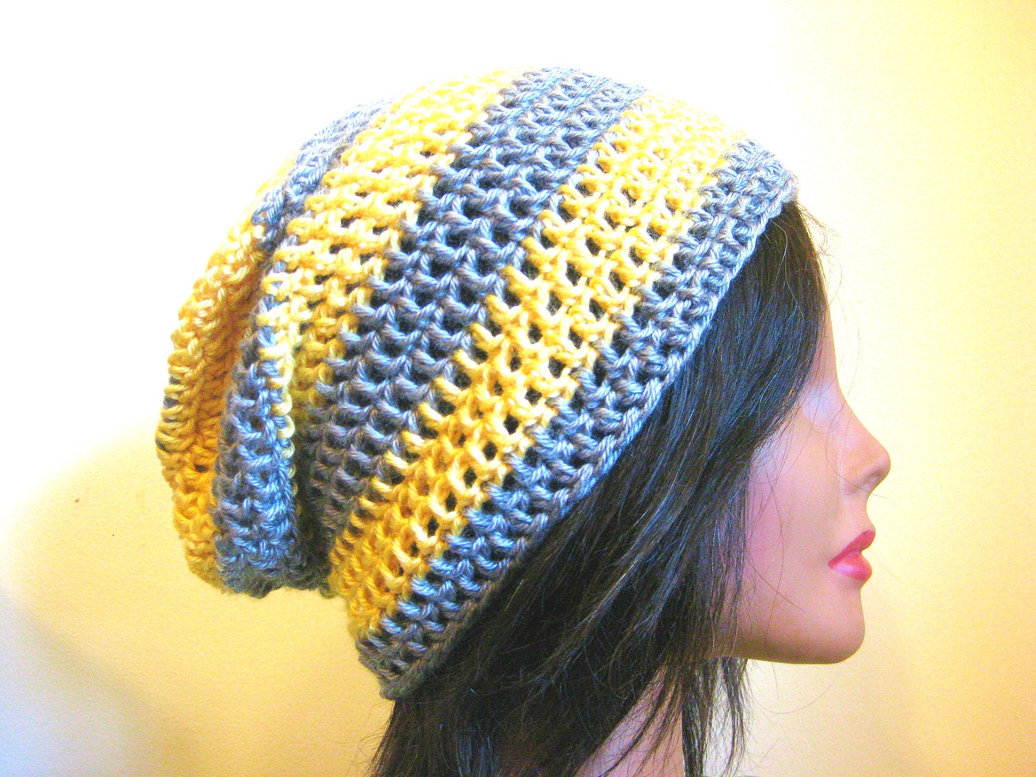 Slouchy Beanie Yellow Gray Grey Striped Womens Hipster Oversize Slouch Hat