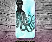 iPhone Case for iPhone 4 or 4S -- The Telepathic Octopus -- Black Octopus with Blue Background -Plastic or Silicone Rubber Case - SpastiCase