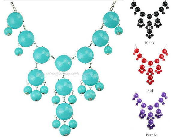 Turquoise Bubble Bib Necklace, Silver Tone Necklace, Bubble Jewelry (Fn0508-S-Turquoise)