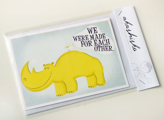 greeting card  A6 (5.8 x 4.1) with rhinoceros, bird and quote, lovely hand drawn childish retro style illustration, unique stationery