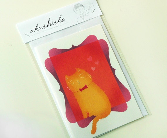 greeting card A6 (4.1 x 5.8) cute hand drawn illustration of a persian cat, perfect for all cat lovers, with hearts