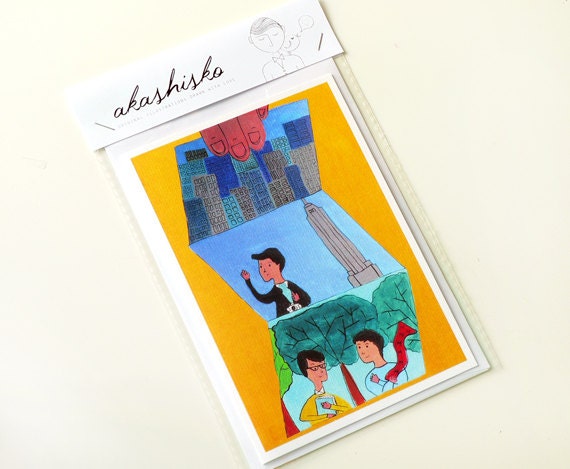 greeting card A6 (5.8 x 4.1) illustrations of people visiting new york city, retro style hand drawn, Emire State Building and skyscrapers,