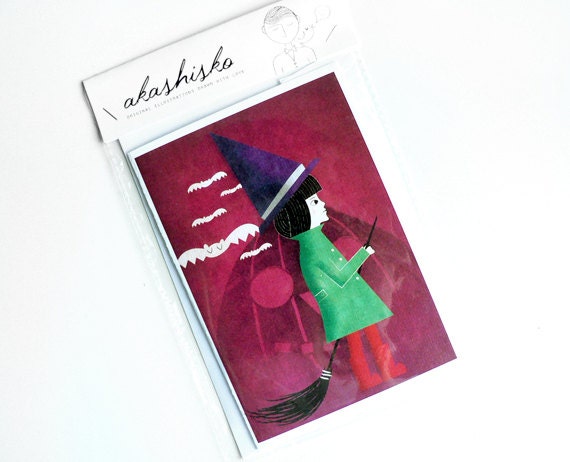 greeting card A6 (4.1 x 5.8) Halloween little girl witch, with pumpkin and bats, original retro style hand drawn illustration