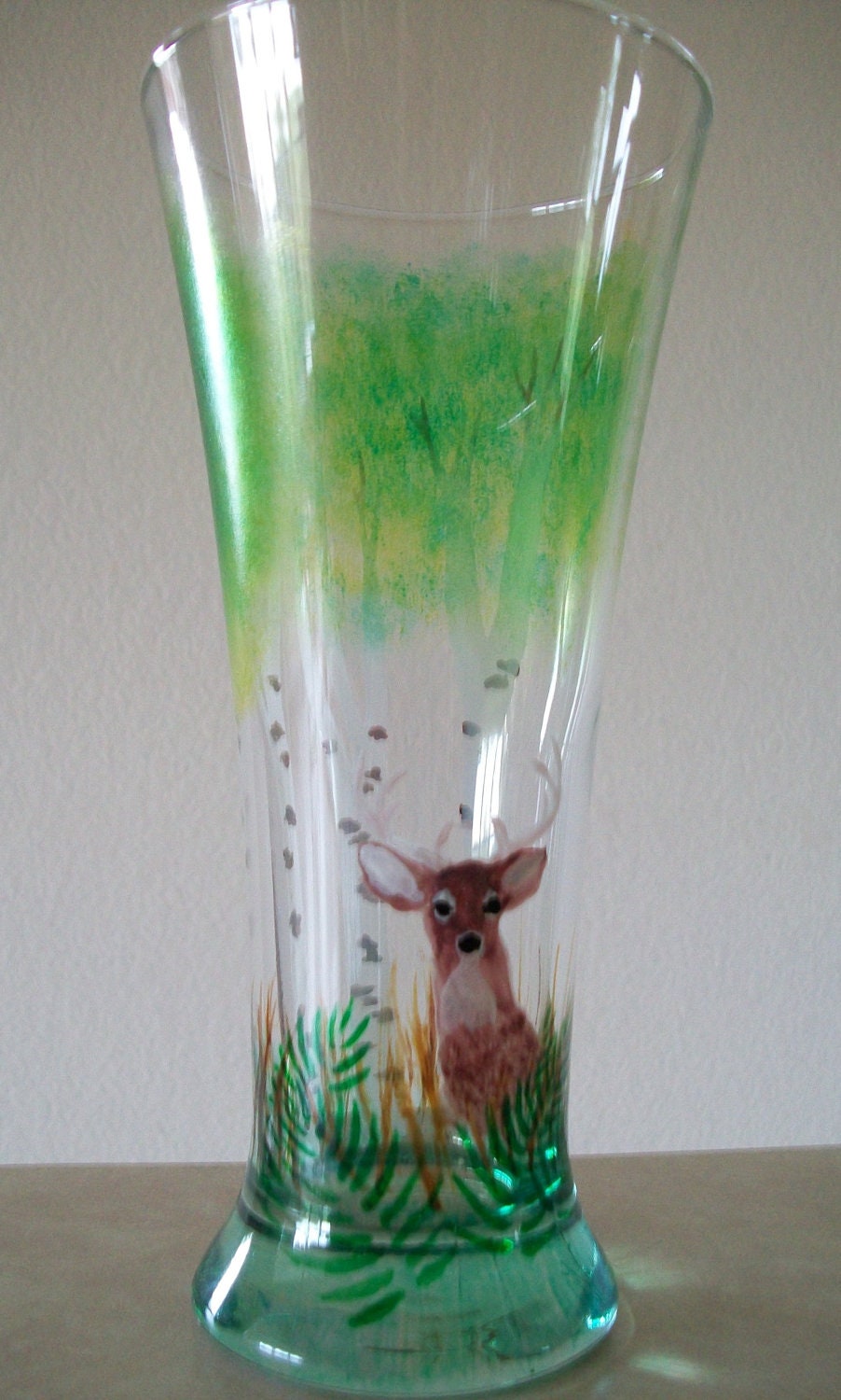 Deer Buck Beer Glass Hand Painted, with Birch Trees