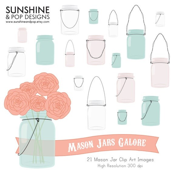 NEW - INSTANT DOWNLOAD - 21 Hand-drawn Mason Jar Digital Clip Art Images - vintage ball jars - for invitations, annoucements, printables Il_570xn