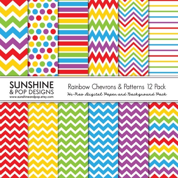 INSTANT DOWNLOAD - 12 Rainbow Chevron & Pattern Digital Papers perfect for scrapbooking, invitations, party decor, backgrounds memorial sale Il_570xn