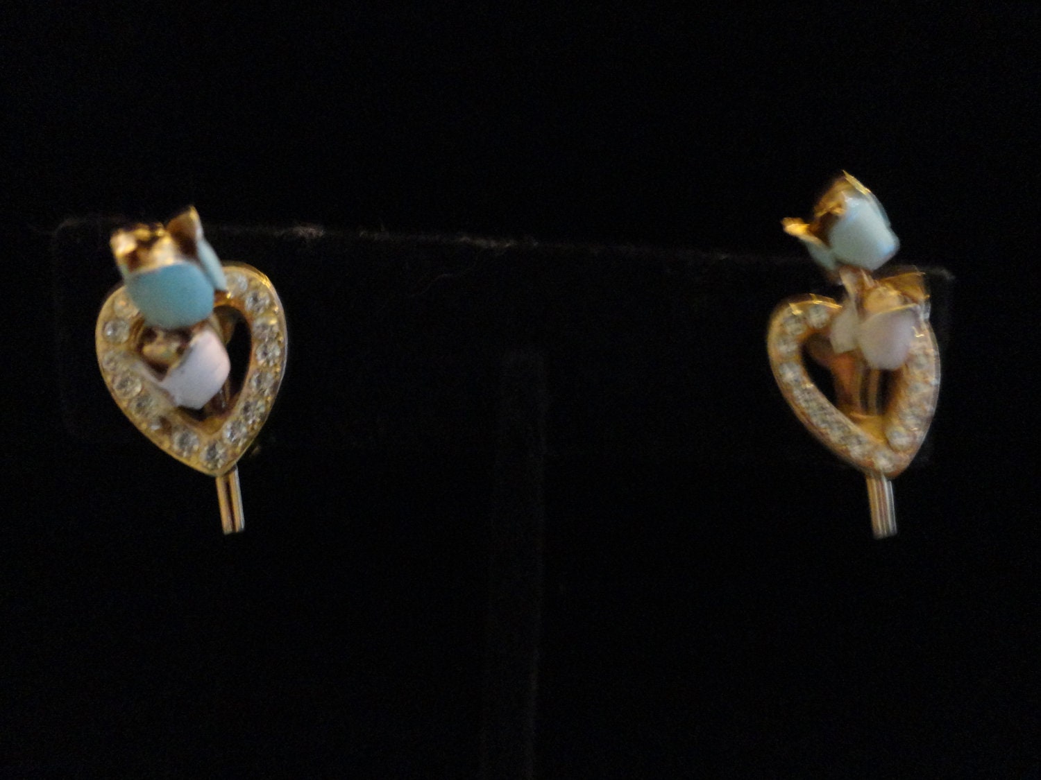 Vintage Pink & Blue Enamel Rose and Gold Tone, Clear Rhinestone Screw Back Earrings (MM1626)