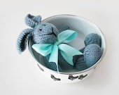 FRIDERIC, handknitted plush friend in elegant turquoise bow