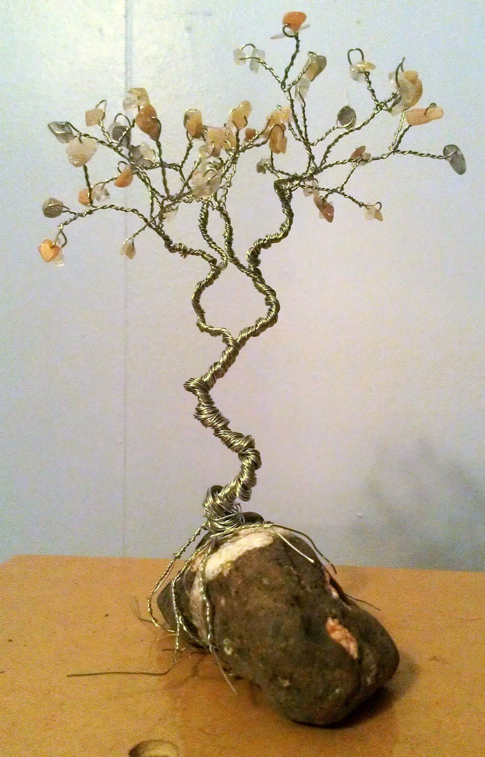 Wire GEM TREE Sculpture // peach-grey Moonstone Crystal Gems on Thompsonite Rock Base
