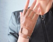 Real Leather Fingerless Short Gloves - Brown Tan Lambskin Unlined Bicycle Driving Gloves - Sheepskin  - Women - Handmade