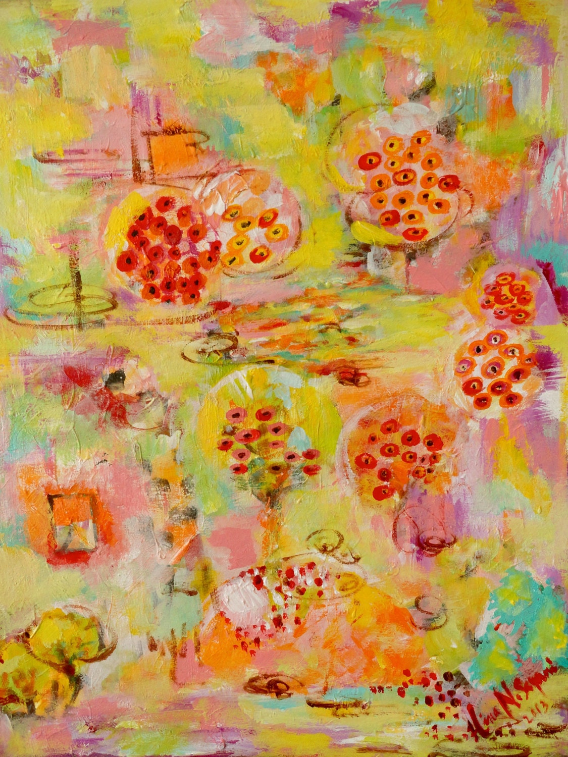 Poppies Land, Original Abstract painting, affordable Painting on paper