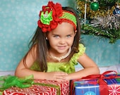 Girl's Christmas Hair Clip & Headband with a Red Lace Flower, Green Satin Rosette, Red Sequin Bow and Rhinestone